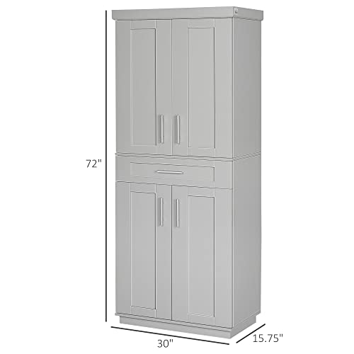 HOMCOM Modern Kitchen Pantry Freestanding Cabinet Cupboard with Doors and Drawer, Adjustable Shelving, Grey - WoodArtSupply