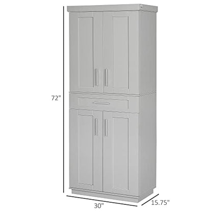 HOMCOM Modern Kitchen Pantry Freestanding Cabinet Cupboard with Doors and Drawer, Adjustable Shelving, Grey - WoodArtSupply