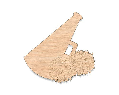 Unfinished Wood for Crafts - Megaphone with Pom Poms Large & Small Pick Size Cutout Shapes Sports Cheerleader Cheer Leading Team Various Size, 1/8 - WoodArtSupply