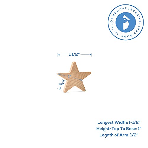 Wood Star Cutouts 1-1/2 inch by 3/16 inch, Pack of 100 Wooden Stars for Crafts, Christmas, and July 4th, by Woodpeckers Woodpeckers