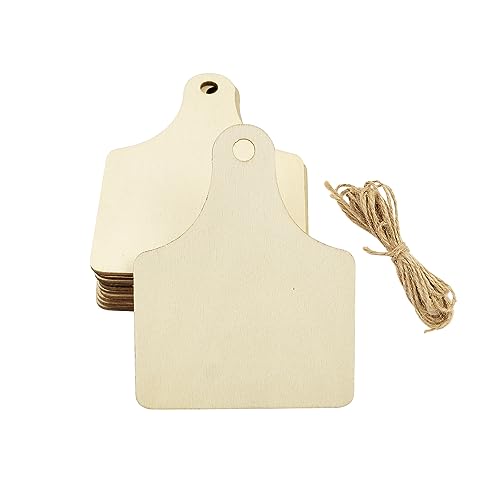 32 Pieces Wooden Cow Ear Tags Unfinished Wood Hanging Cow Tags Natural Blank Wooden Cutouts Labels Farmhouse DIY Wooden Tags with Ropes