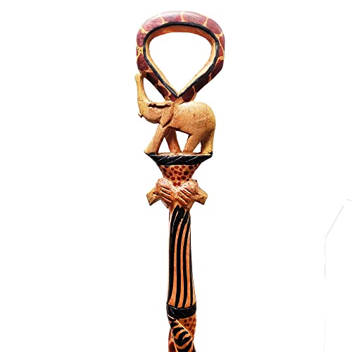 African Wood Decorative Walking Stick (Hand Made in Kenya) (Elephant/Lion Natural) Stoneage Arts Global