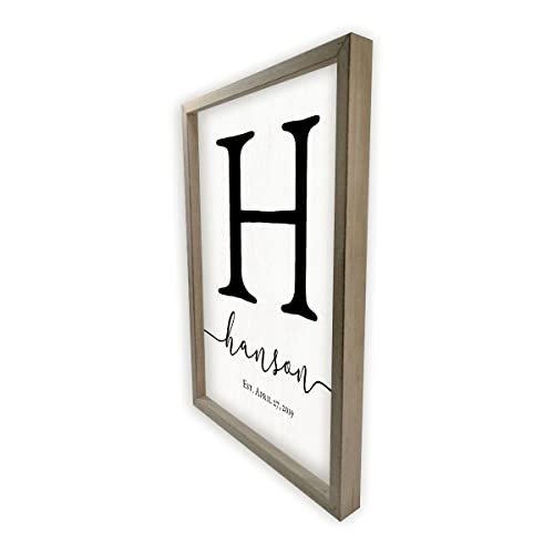 Framed Wooden Family Name Sign Personalized Wood Monogram Choose from Four Sizes (12" x 18", Weathered Grey Frame, White Background) MRC Wood Products