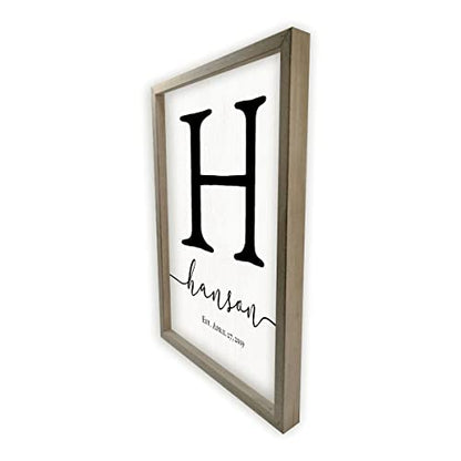 Framed Wooden Family Name Sign Personalized Wood Monogram Choose from Four Sizes (12" x 18", Weathered Grey Frame, White Background) - WoodArtSupply