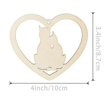 Heart Shape Wooden Cat Wood Blank Wood with Twines Art Unfinished Ornaments for Christmas Wedding Birthday Party Valentine's Day Thanksgiving Day