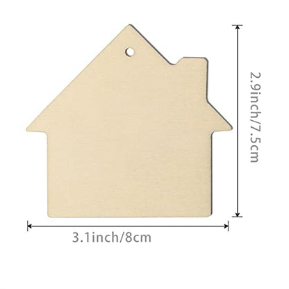 Unfinished The House Shape Wooden Tag Hanging Wood Cutout Blank Wood Slices Wooden Gift Tags with Twine for Christmas Thanksgiving Day Holiday