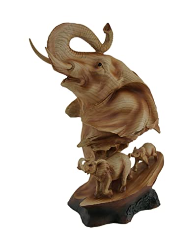 Zeckos Carved Wood Look Elephant Family Bust Tabletop Statue Zeckos