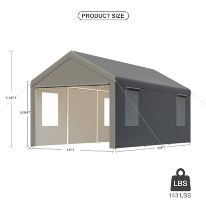 CAPEWORTH Carport,12x20 Heavy Duty Carports,Canopy,Garage,Metal Shed,with 4 Roll-up Ventilated Windows,Outdoor,Storage,Car,Boat,12x20 Gray - WoodArtSupply