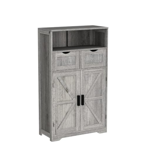 WEENFON Floor Storage Cabinet with 2 Adjustable Drawers & 2 Barn Doors, Standing Cupboard with 2 Shelf, for Living Room, Home Office, Kitchen, Grey WEENFON