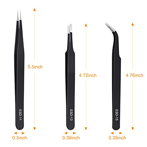 kaverme 3PCS Precision Tweezers Set, Upgraded Anti-Static Stainless Steel of Tweezers, for Electronics, Soldering, Laboratory Work, Jewelry-Making, kaverme