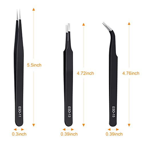 kaverme 3PCS Precision Tweezers Set, Upgraded Anti-Static Stainless Steel  of Tweezers, for Electronics, Soldering, Laboratory Work, Jewelry-Making