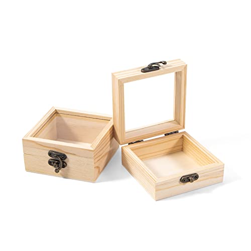 Useekoo 2Pcs Small Wooden Box with Hinged Lid, 3.5'' x 3.5'' x 1.8'' Unfinished Wood Gift Box with Glass Lid, Small Wooden Jewelry Box for DIY and Useekoo