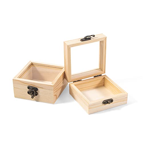 Useekoo 2Pcs Small Wooden Box with Hinged Lid, 3.5'' x 3.5'' x 1.8'' Unfinished Wood Gift Box with Glass Lid, Small Wooden Jewelry Box for DIY and - WoodArtSupply