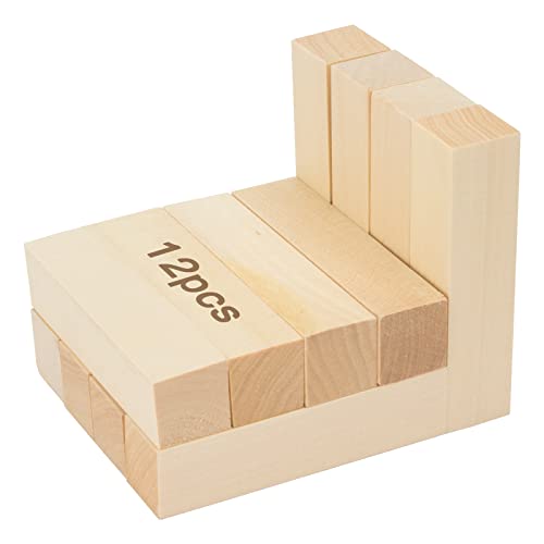 12 Pack Unfinished Basswood Carving Blocks Kit, 4 x 1 x 1 Inch Unfinished Bass Wood Whittling Soft Wood Carving Block Set for Kids Adults Wood