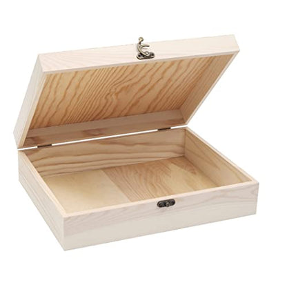 VIKOS Products Unfinished Wooden Box with Hinged Lid for Crafts DIY Storage Jewelry Pine Box - 12" x 9" x 3.35" - WoodArtSupply