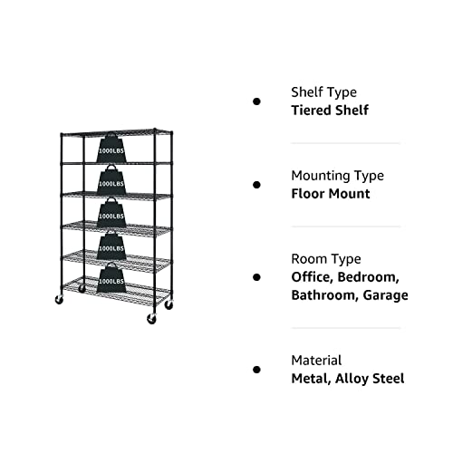 HCY 6-Tier Storage Shelf Heavy Duty Storage Shelving Unit NSF Height Adjustable Metal Storage Rack with Wheels for Laundry Bathroom Kitchen Garage HCY