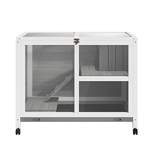 PawHut Indoor Rabbit Hutch with Wheels, Desk and Side Table Sized, Wood Rabbit Cage, Waterproof Small Rabbit Cage, Gray - WoodArtSupply