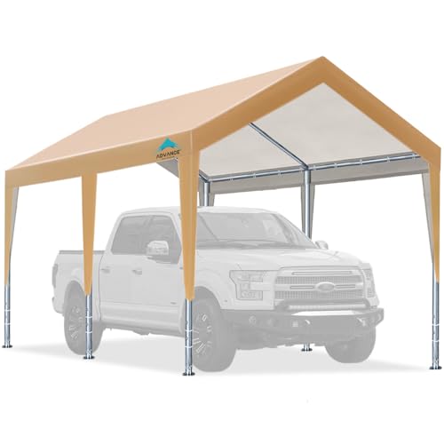 ADVANCE OUTDOOR 10x20 ft Steel Carport with Adjustable Height from 9.5 to 11 ft, Heavy Duty Car Canopy Garage Party Tent Boat Shelter Portable, Beige - WoodArtSupply