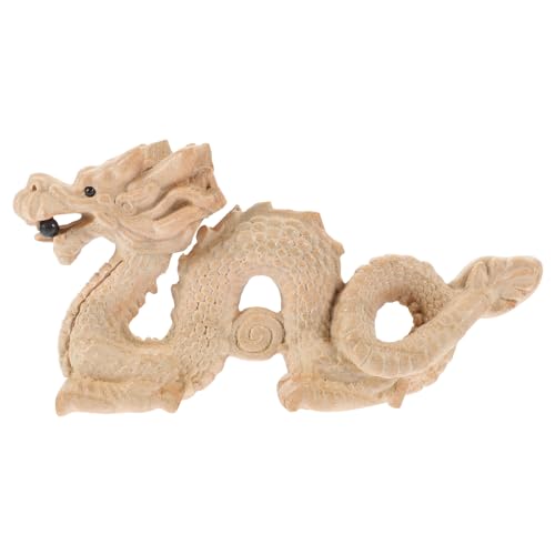 Amosfun Chinese Feng Shui Carved Natural Wood Dragon Statue Unpainted Wooden Dragon Sculpture Unfinished 10cm DIY Animal Figurine Hand Carved Amosfun