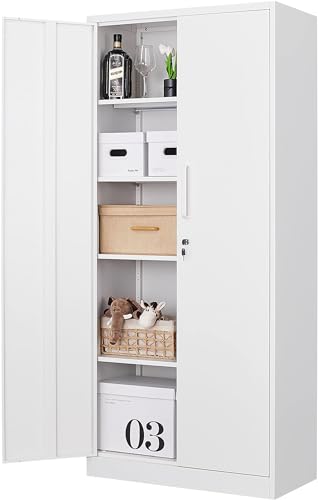 Fesbos Metal Storage Cabinet-71” Tall Steel File Cabinets with Lockable Doors and Adjustable Shelves-White Steel Storage Cabinet for Home, School, Fesbos