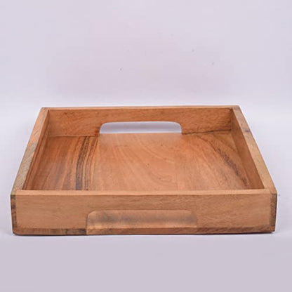 Samhita Acacia Wood Serving Tray with Handles,Wooden Serving Tray, Snack Tray, Breakfast Tray, Great for, Breakfast, Coffee |Size- 10" x 10" x 1.75"
