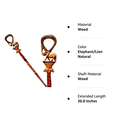 African Wood Decorative Walking Stick (Hand Made in Kenya) (Elephant/Lion Natural) Stoneage Arts Global
