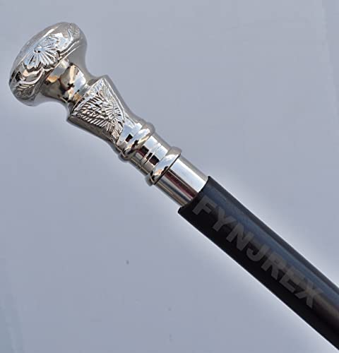 FYNJREX brass walking cane vintage wooden walking stick for women and men black shaft silver brass handle halloween costume cane steampunk knob gift FYNJREX