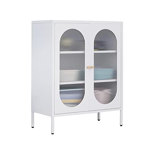 WISUNO Metal Storage Accent Cabinet for Living Room,Bedroom,Home,Office,Kitchen,3-Tier,Glass Door,Removable Shelves (2 Glass Door, White) - WoodArtSupply