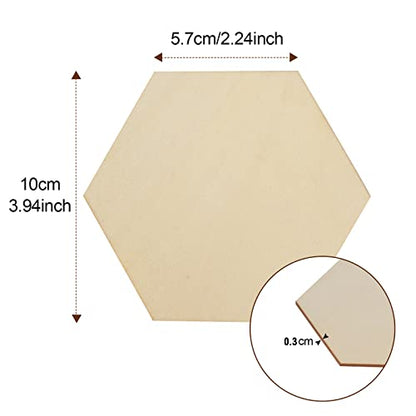 50PCS Unfinished Blank Wood Pieces, 4 Inch Natural Hexagon Wooden Slices Cutouts for DIY Crafts Pyrograph Painting Staining Burning Engraving Carving