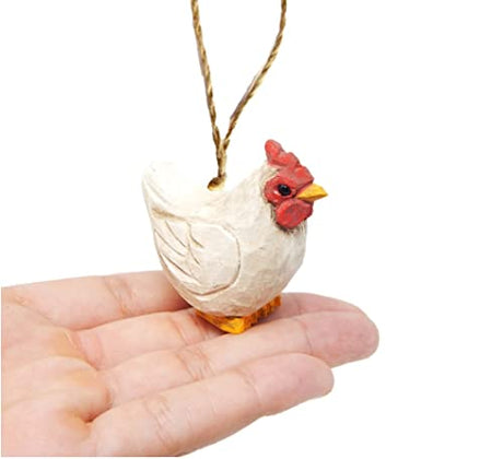 White Chicken Hen Hanging Ornament Wood Figure Handmade Carved Decoration Selsela