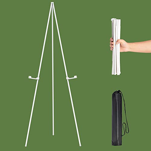 White Easel Stand for Display Wedding Sign & Poster - 63 Inches Tall Easels for Display Holder - Collapsable Portable Poster Easel - Floor Adjustable - WoodArtSupply