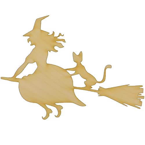 Package of 1, Medium 8" x 6" x 1/8" Baltic Birch Plywood Witch and Cat Wood Cutout for Halloween Art and Craft Project, Made in USA - WoodArtSupply