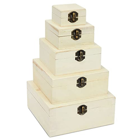 Juvale 5 Pack Unfinished Wooden Boxes for Crafts, Wood Nesting Boxes with Hinged Lids (Natural, 5 Assorted Sizes) Juvale