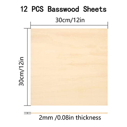 12Pack Basswood Sheets 1/16 Plywood Sheets 11.8"x11.8" Craft Wood Cricut Wood Sheets for Cricut Maker Laser Cutting Architecture Model Wood Carving - WoodArtSupply