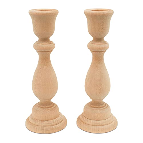 Classic Wooden Candlestick 6-3/4 inches with 7/8 inch Hole, Set of 4 Unfinished Wood Holder for Taper Candle, Ready to Craft, by Woodpeckers - WoodArtSupply