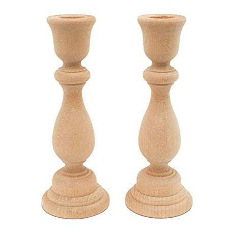 Unfinished Wood Candlestick Holders 6-3/4 inches with 7/8 inch Hole, Set of 2 Classic Craft Candlesticks to Paint or Decorate, by Woodpeckers Woodpeckers