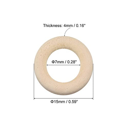 uxcell 200Pcs 15mm(0.6-inch) Natural Wood Rings, 4mm Thick Smooth Unfinished Wooden Circles for DIY Crafting, Knitting, Macrame, Pendant