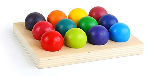 moderngenic [Upgraded to 2"] Rainbow Wooden Balls with Tray, 12 Piece Sorting and Matching Educational Learning Montessori Toy for Toddlers, Bigger