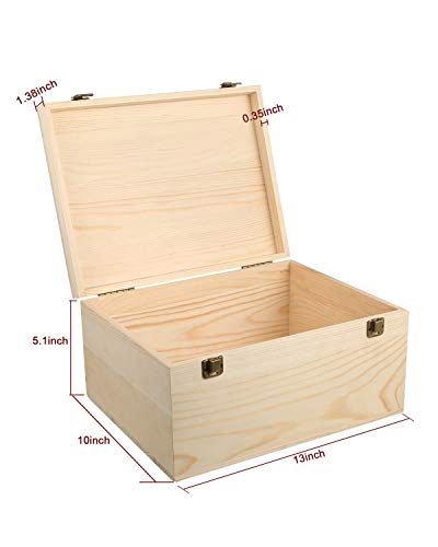 Woiworco Extral Large Wooden Box, 13 x 10 x 6.5 inch Natural Unfinished Pine Wood Boxes with Hinged Lid and Front Clasp for DIY Craft Art, Hobbies, Woiworco