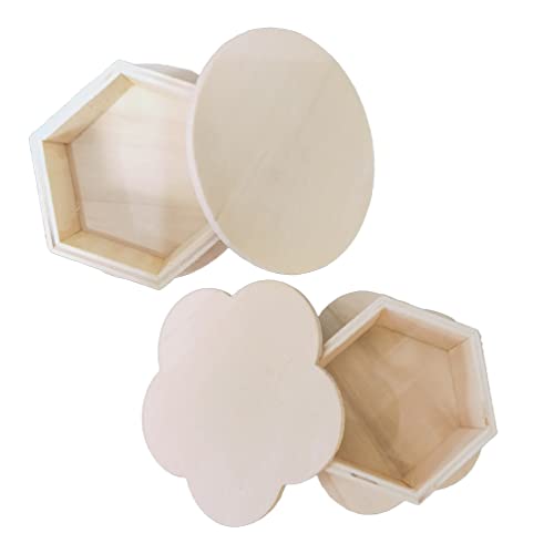 VOSAREA 2Pcs Wooden Storage Boxes Unfinished Hexagon Shaped Jewelry Box with Flower Lid Vintage Trinket Box Key Holder Container Case Jar for Earring VOSAREA