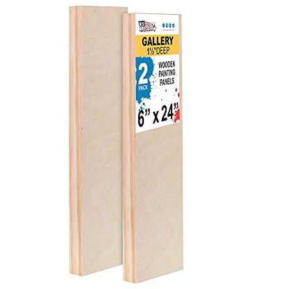 U.S. Art Supply 6" x 24" Birch Wood Paint Pouring Panel Boards, Gallery 1-1/2" Deep Cradle (Pack of 2) - Artist Depth Wooden Wall Canvases - Painting