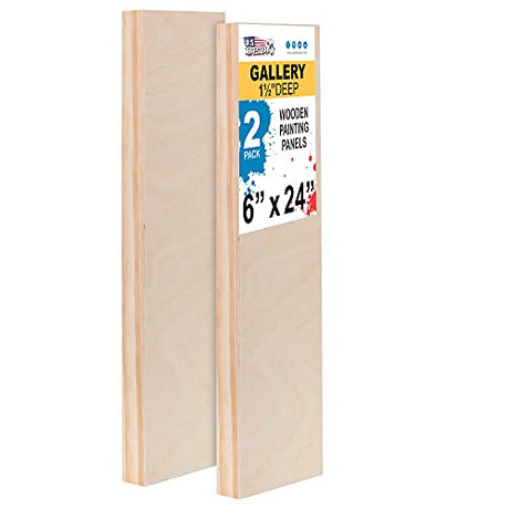 U.S. Art Supply 6" x 24" Birch Wood Paint Pouring Panel Boards, Gallery 1-1/2" Deep Cradle (Pack of 2) - Artist Depth Wooden Wall Canvases - Painting U.S. Art Supply