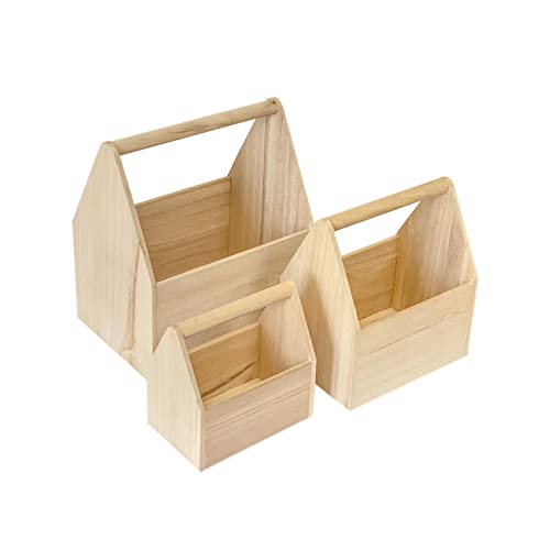 Set of 3 Unfinished Wooden Carrier Nesting Wood Craft Box with Handle for Storage