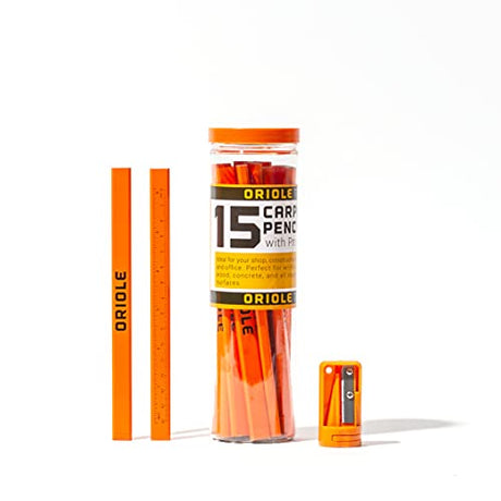 Orange Carpenter Pencil Set - Includes 15 Flat Construction Pencils with Printed Ruler, 1 Carpenter Pencil Sharpener & 1 Clear Storage Container - Oriole Tools
