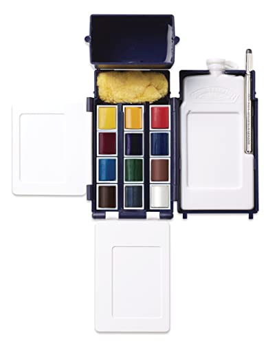 Winsor & Newton Cotman Watercolor Paint Set, Field Pocket Set, 12 Half Pan w/ Brush, Sponge, Bottle - WoodArtSupply