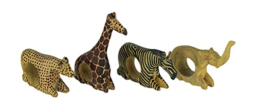 Set of 4 Hand Carved African Wild Animal Napkin Rings - WoodArtSupply