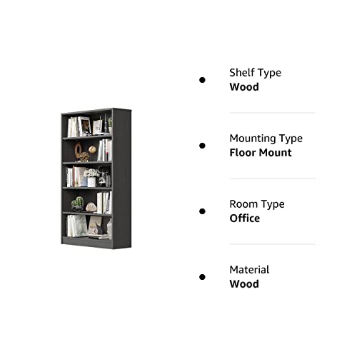 Wood Bookcase 5-Shelf Freestanding Display Wooden Bookshelf for Home Office School (11.6" D*33" W*59.8" H,Grey) Sunon