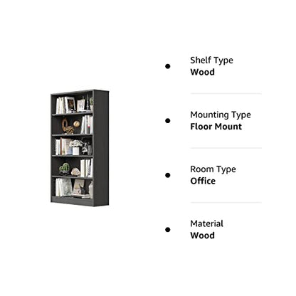 Wood Bookcase 5-Shelf Freestanding Display Wooden Bookshelf for Home Office School (11.6" D*33" W*59.8" H,Grey) - WoodArtSupply