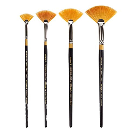 KINGART B-091 Premium 4 pc. Original Gold 9200 Series Fan Brush Set, Synthetic Golden Taklon for Acrylic, Oil, Watercolor Paint, Short Handle, 4 KINGART