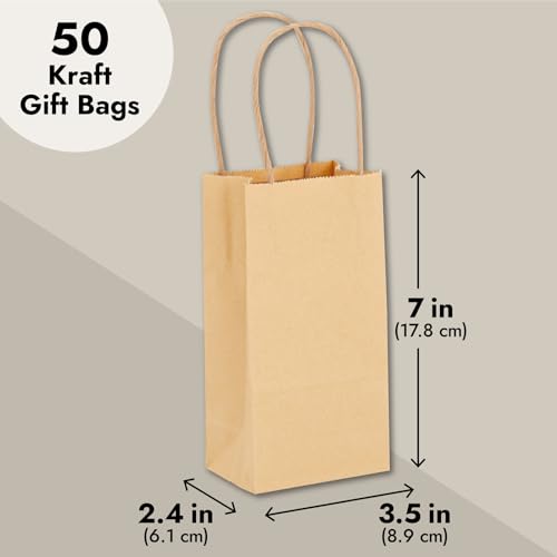 50-Pack Small Brown Gift Bags with Handles - Small Kraft Paper Bags for  Birthday, Retail, Crafts (3.5x2.4x7 In)